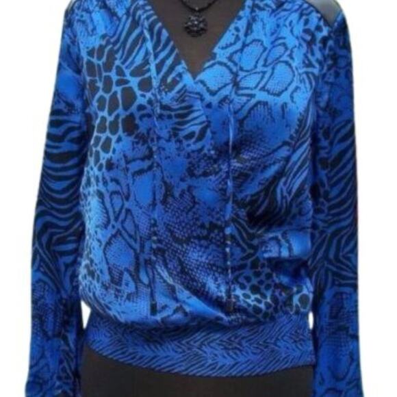 Cache Silk pLeather Shoulders Top New Faux Wrap Shirred Waist Animal NWT $138 - Picture 4 of 7
